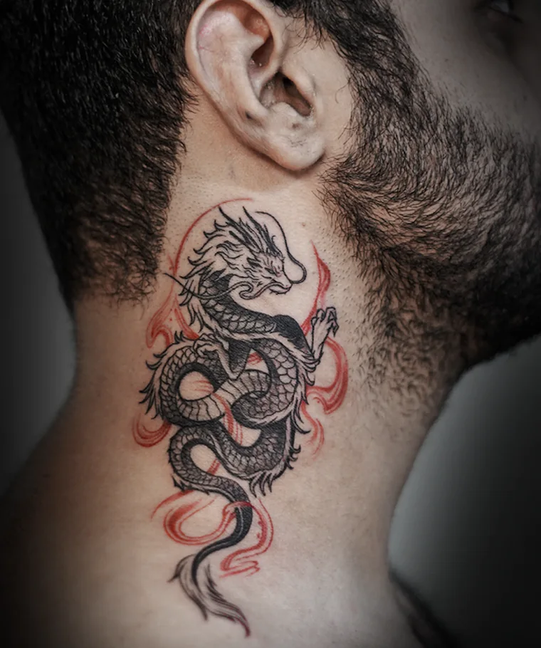 A dragon tattooed down the side of a man's neck in black linework, with red smoke curling around it.